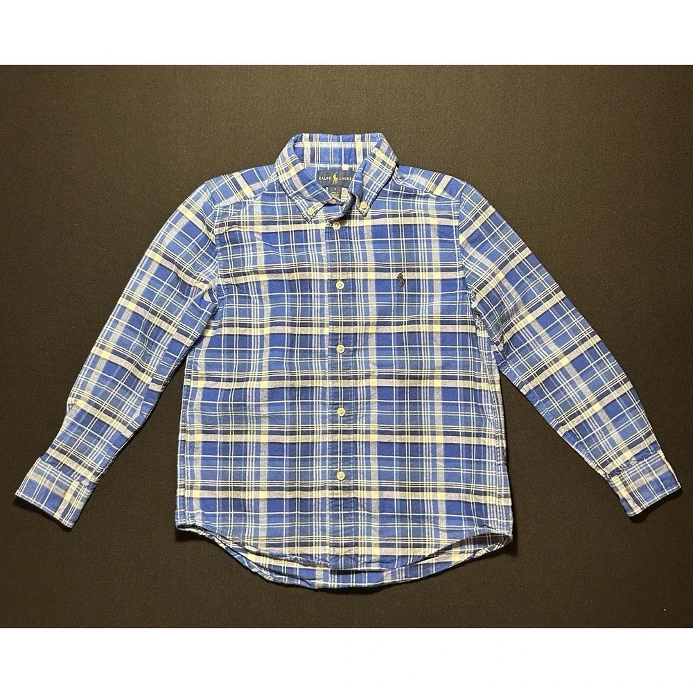 Ralph Lauren Boys Blue White Plaid Button-Down Cotton Shirt Long Sleeve Size 7